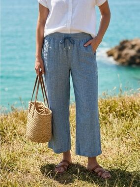Athleta Linen Wide Leg Pants Chambray Blue Elastic Waist Drawstring Size 12